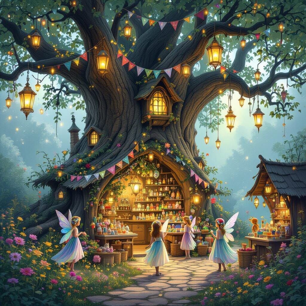 Enchanted Fairy Market in Ancient Tree, Hyperrealistic Detai...