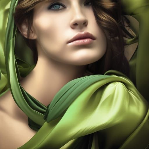 Portrait of a Brunette Woman in Green Silk Cloak