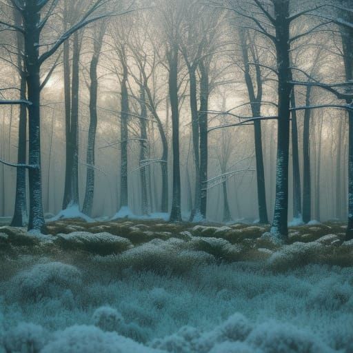 Ethereal Winter Forest Scene in Earthy Tones