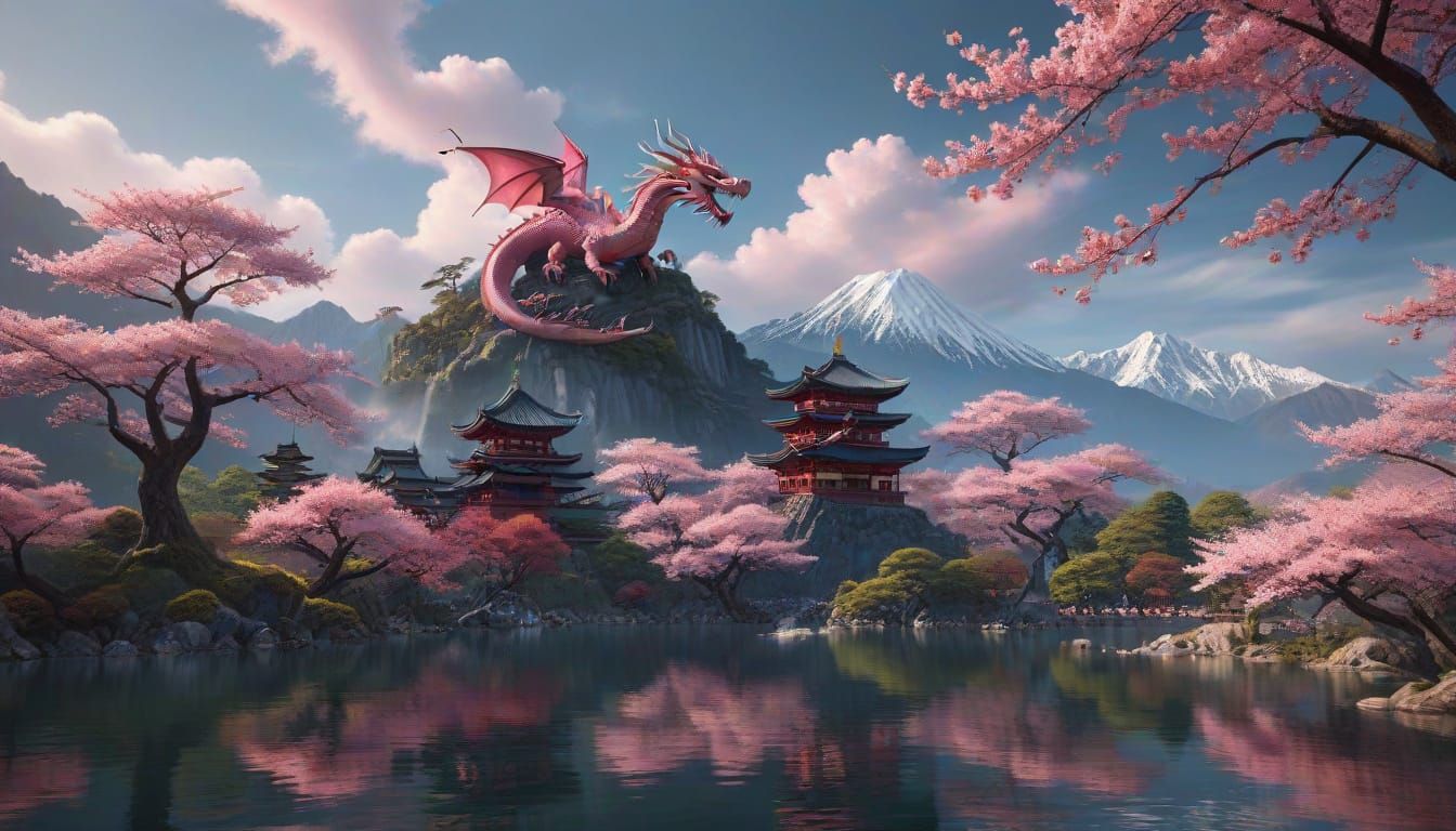 Elegant Eastern Dragon Soars Above Sakura Trees
