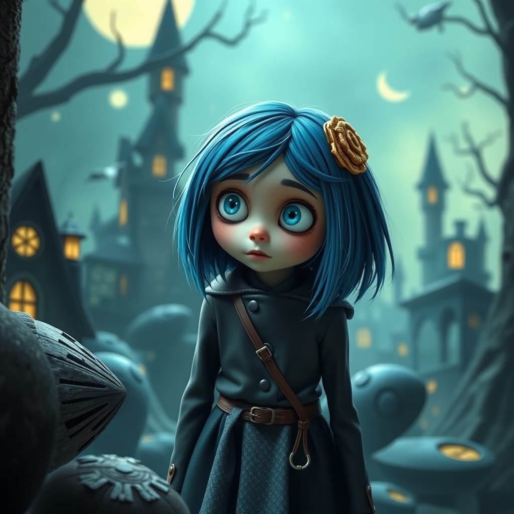Coraline's Mystical World: A Dark Fairytale Scene