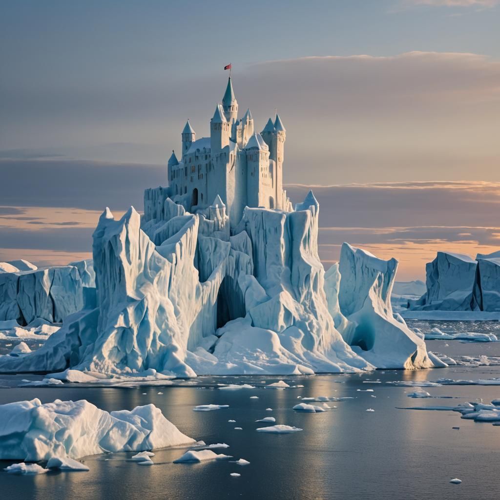 Arctic Ice Castle Under Midnight Sun