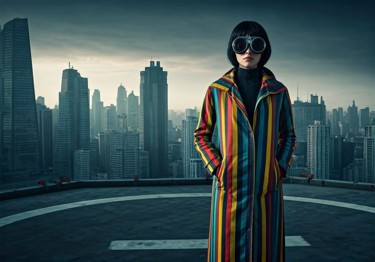 Young Woman Surveys Dystopian Cityscape from Helipad