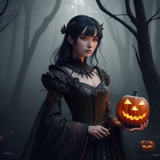 Elegant Halloween Costume in Mystical Forest, 3D Anime Art
