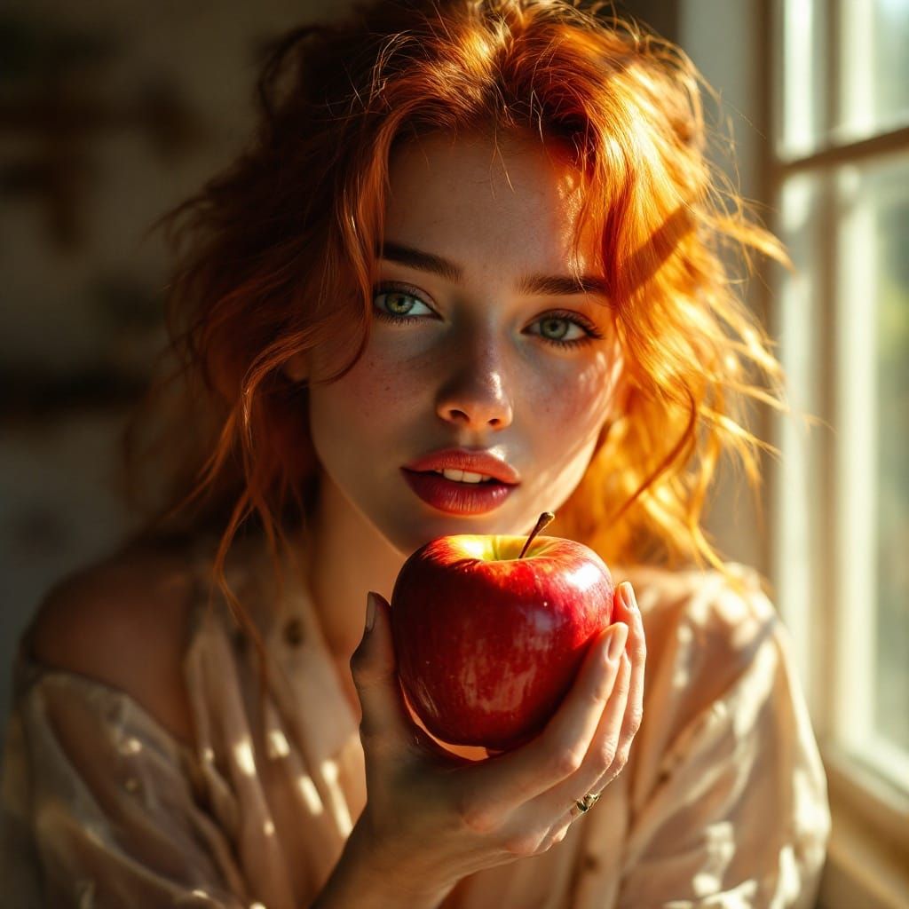 Vibrant Red-Haired Woman Takes a Bite of a Juicy Apple