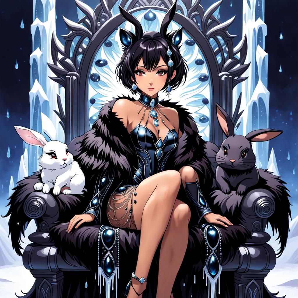 Anime Queen with Black Rabbit on Throne