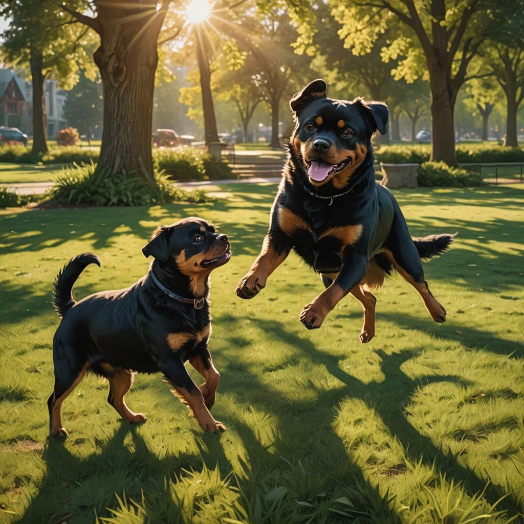 Joyful Rottweiler and Chihuahua Play in Sunny Park