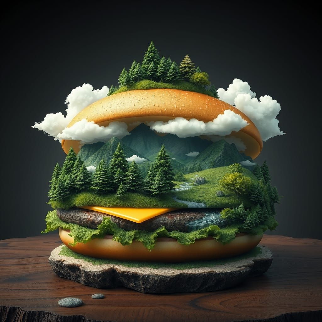 Surreal Burger Landscape in Sci-Fi Style