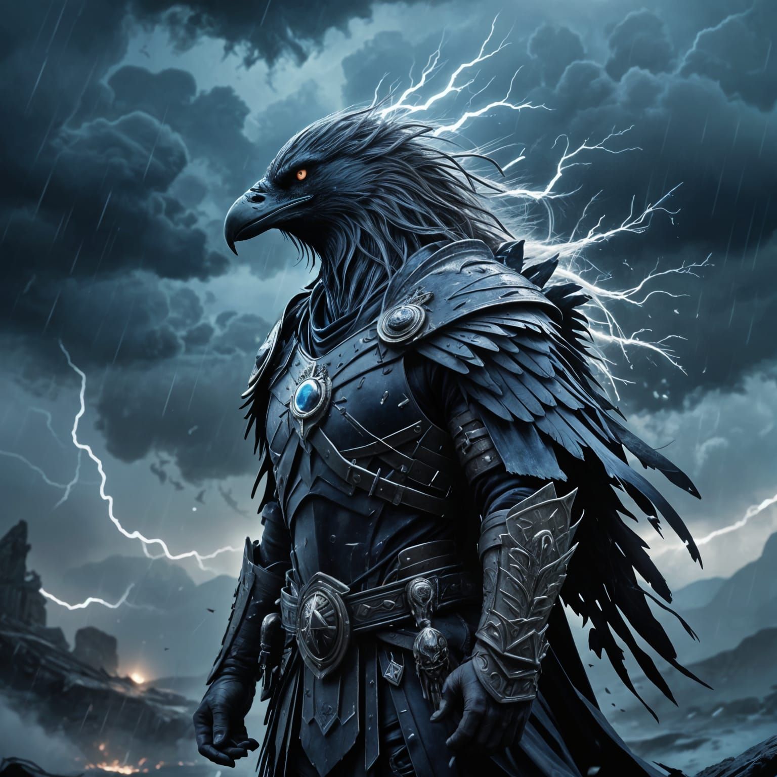Dark Fantasy Warrior with Raven in Storm