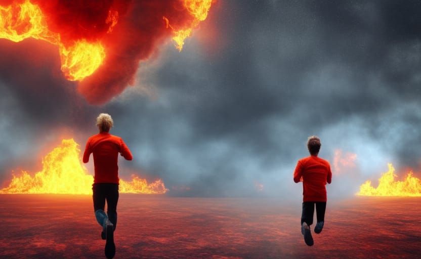 A world on fire, man running in fear in a future of the year 3000, 3d masterpiece, realistic fantasy fairy 8k, 4k