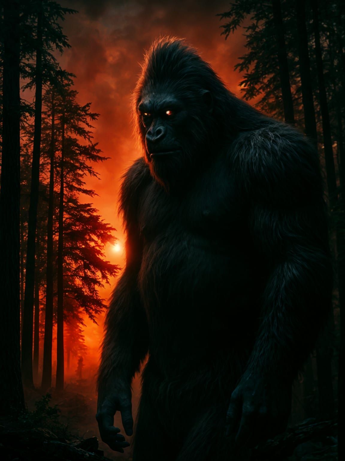 Bigfoot Silhouette at Sunset: Cinematic Film Still