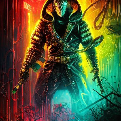 Cybernetic Plague Doctor in Dark Neon Horror Style
