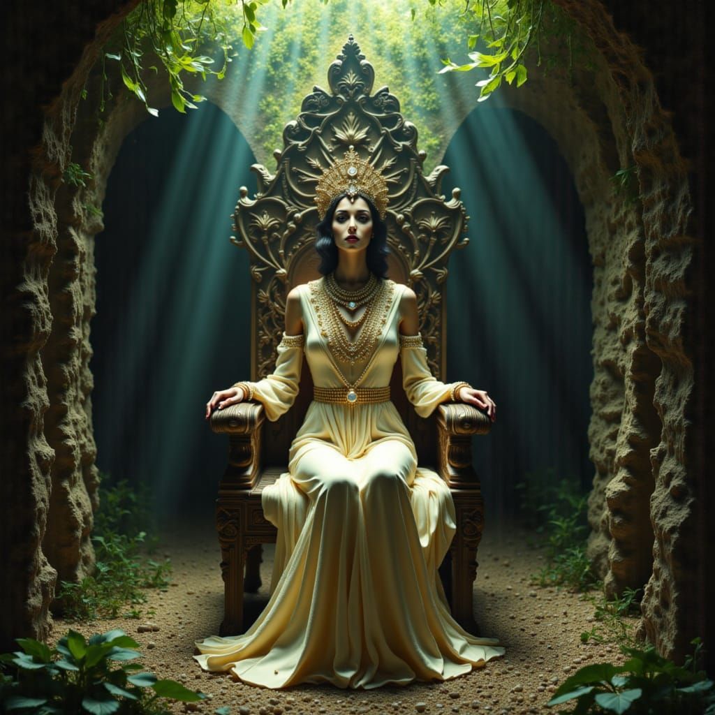 Ancient Queen on Petrified Throne in Sunlit Ruin