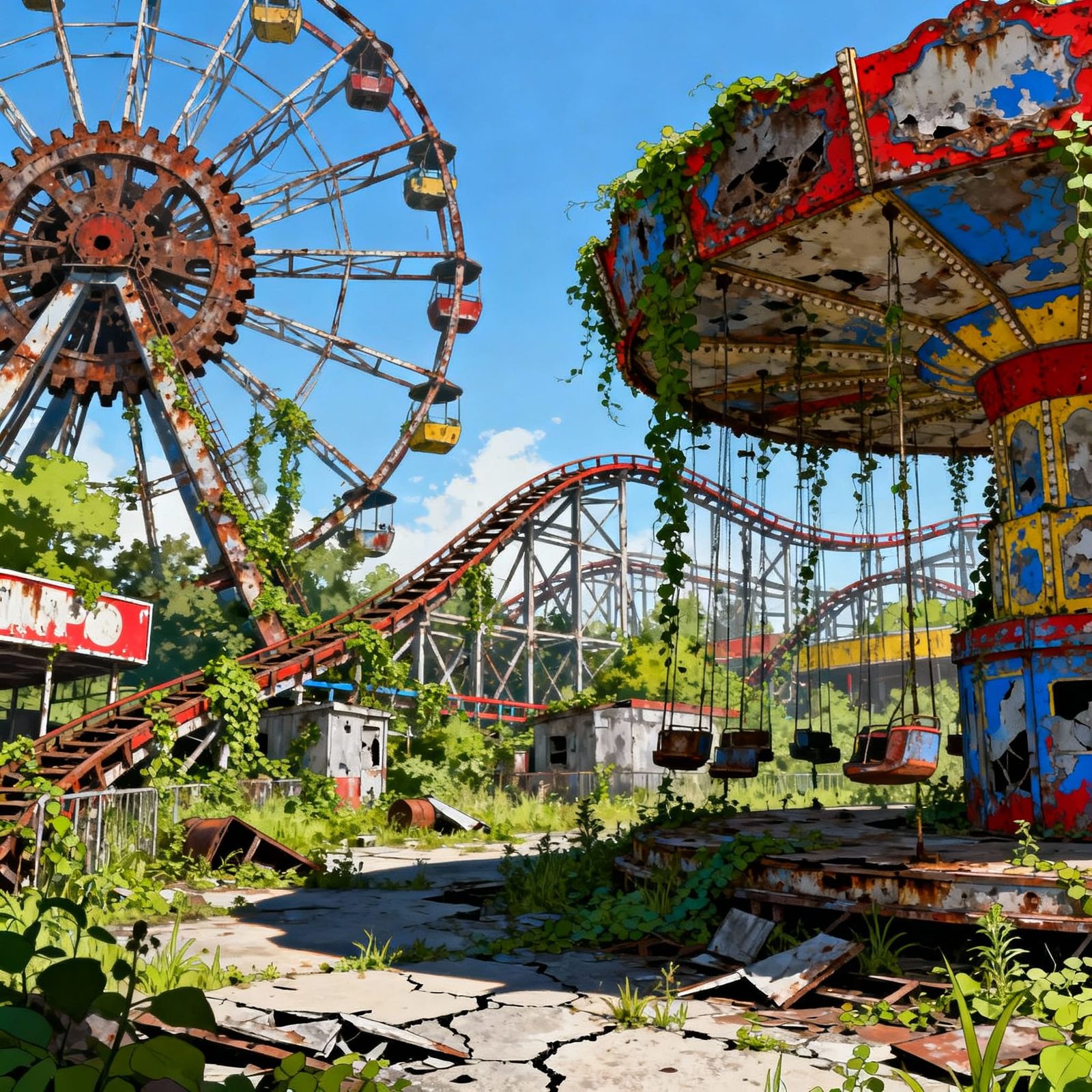 Overgrown Abandoned Amusement Park in Bright Sunlight
