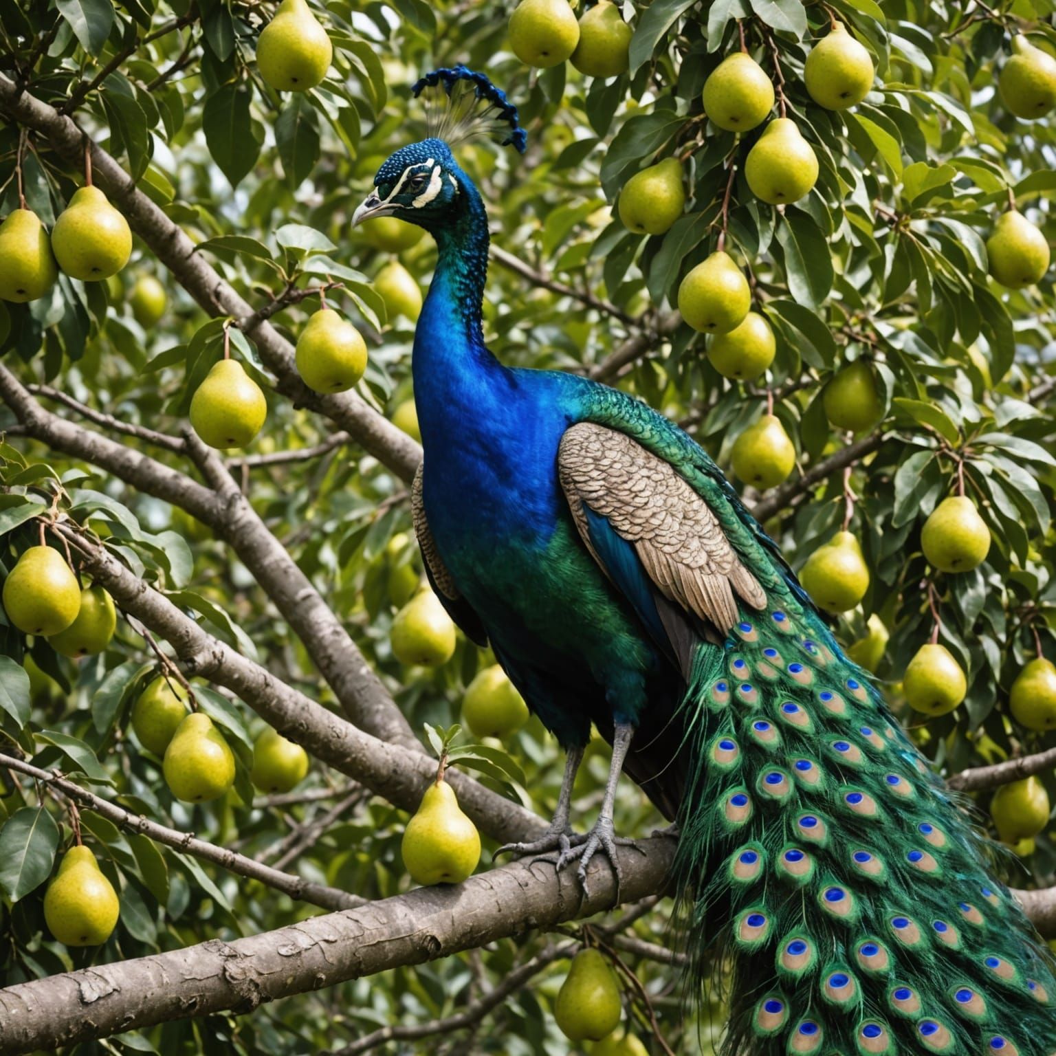 Vibrant Peacock Perched in a Lush Pear Tree