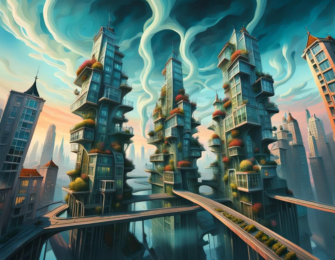 Surreal Cityscape with Impossible Architecture in Oil Painti...
