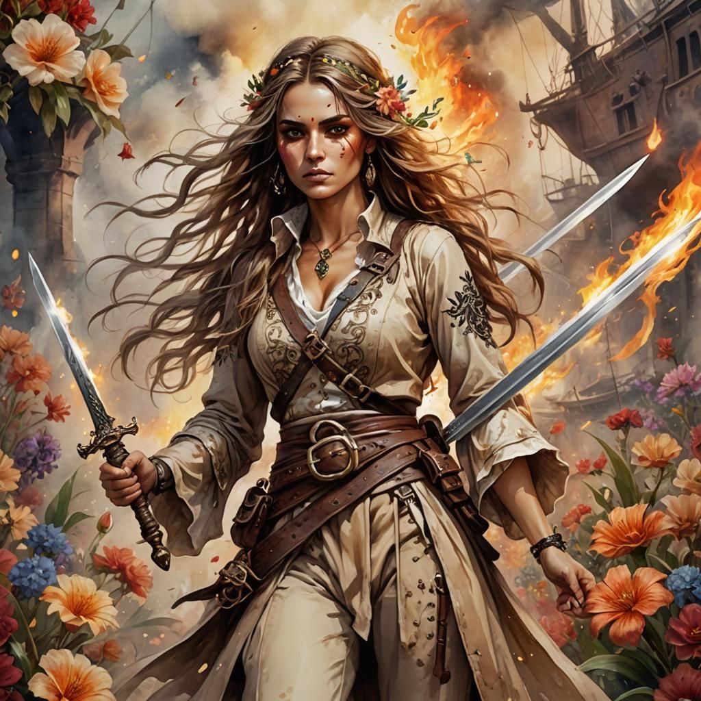 Fierce Pirate Surrounded by Flowers and Flames