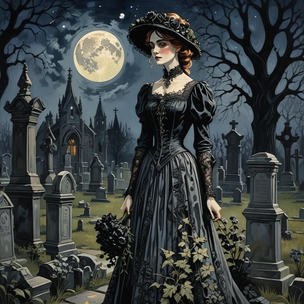 Gothic Cemetery: Art Nouveau Gouache Masterpiece