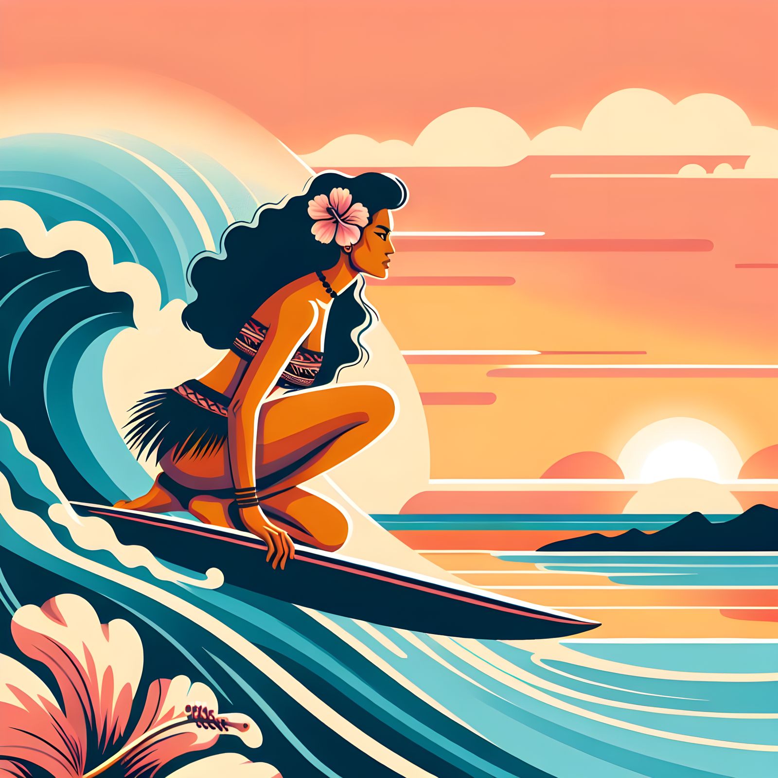 Polynesian Surfer Girl Rides Sunset Wave: Vector Art