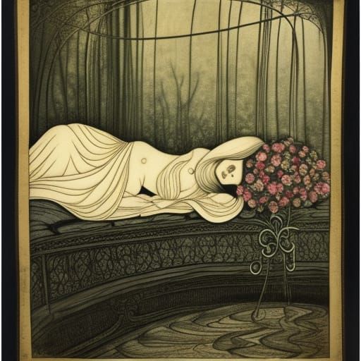 Siren on Wrought Iron Bed in Etching Style
