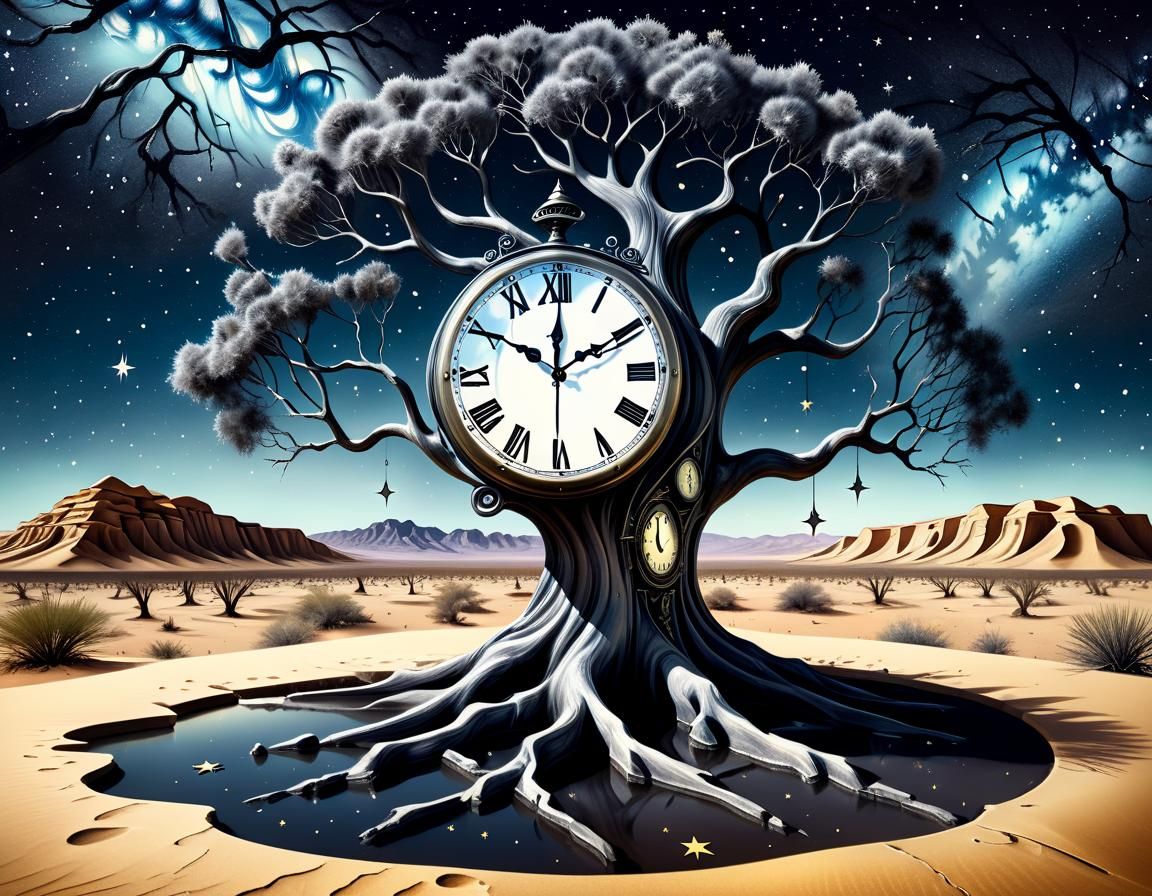 Surreal Melting Clock in Desert, Charcoal Sketch