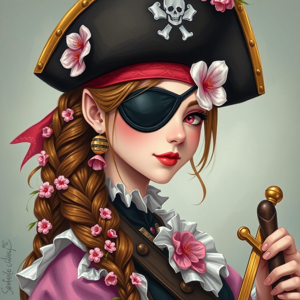 Pirate OC Sakura with Cherry Blossoms as Oil Painting