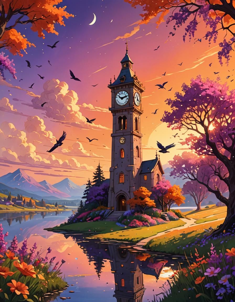 Clocktower at Golden Hour: A Digital Art Landscape