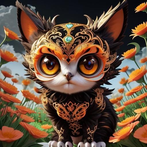 Cute Monster Cat in Flower Field: Fantasy Art