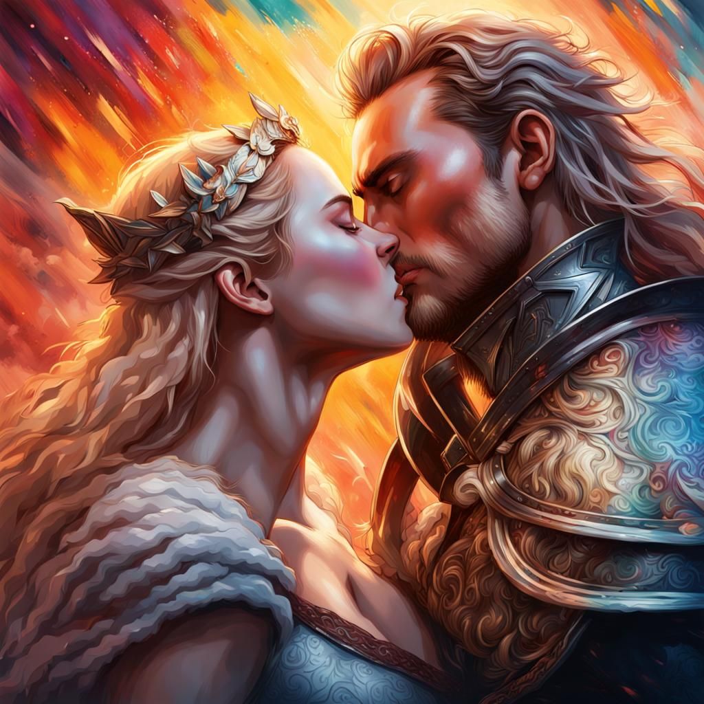 Siegfried and Brunhild's Passionate Kiss: Hyperrealistic Art