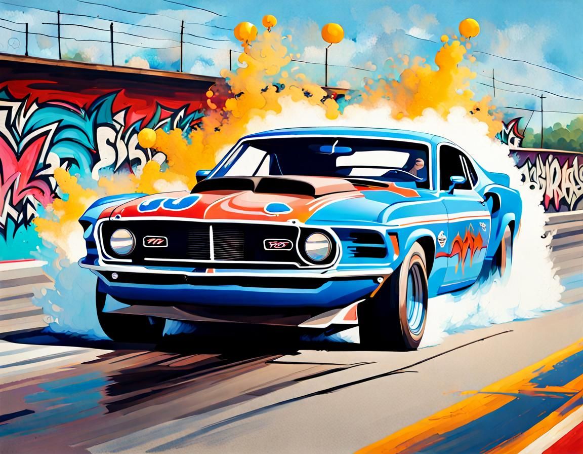 Blue Mustang Dragster in Graffiti Art Style