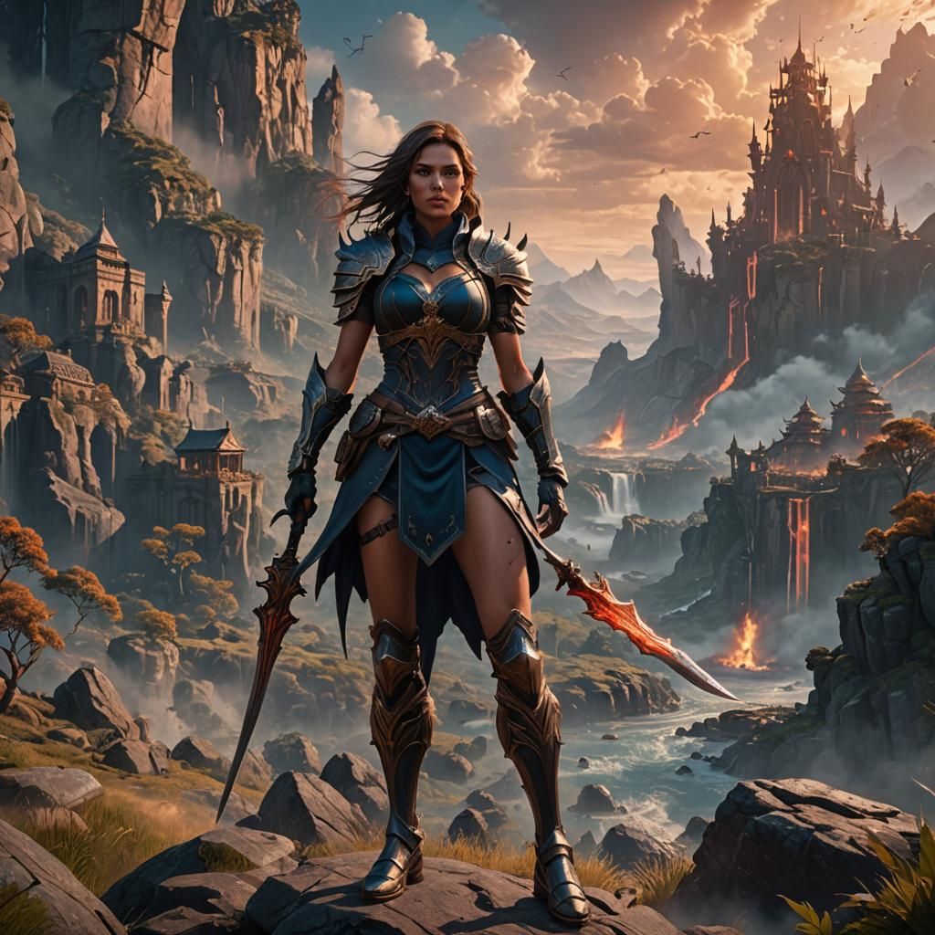 Majestic Landscape with Female Warrior in Fantasy Art