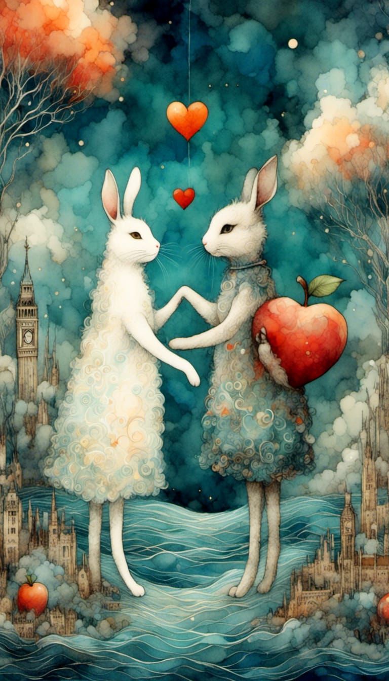 Rabbit and Cat Love in London, Klimt-Inspired Digital Art