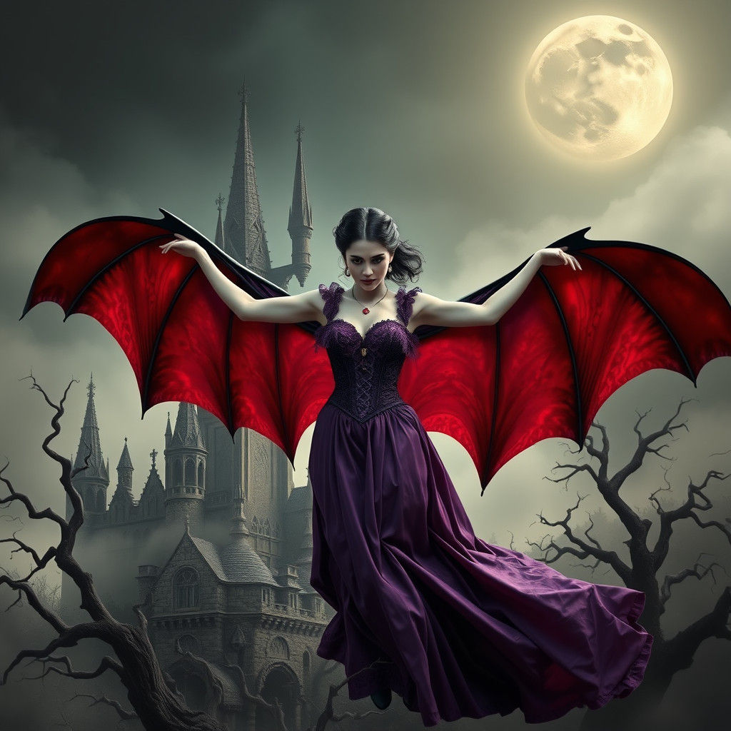 Vampire Soaring Over Gothic Castle in Ethereal Art
