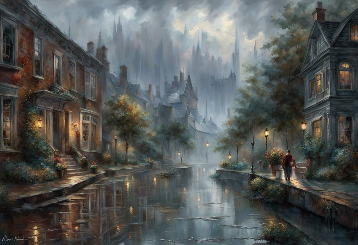 Summer Storm over Small Town Street Watercolor