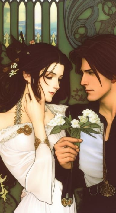 Romantic Art Nouveau Couple in Celestial Setting