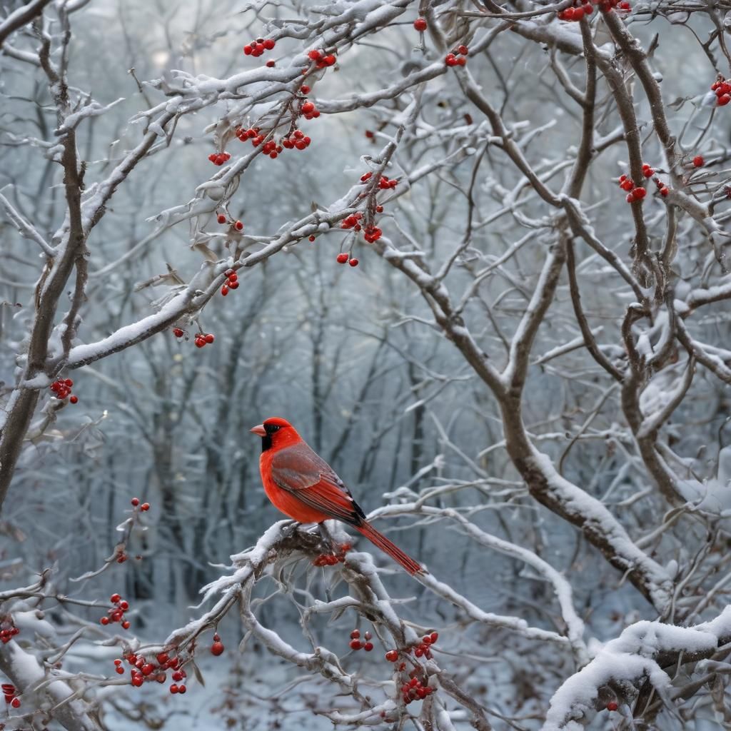 Icy Christmas Realm with Red Bird and Woodland Creatures