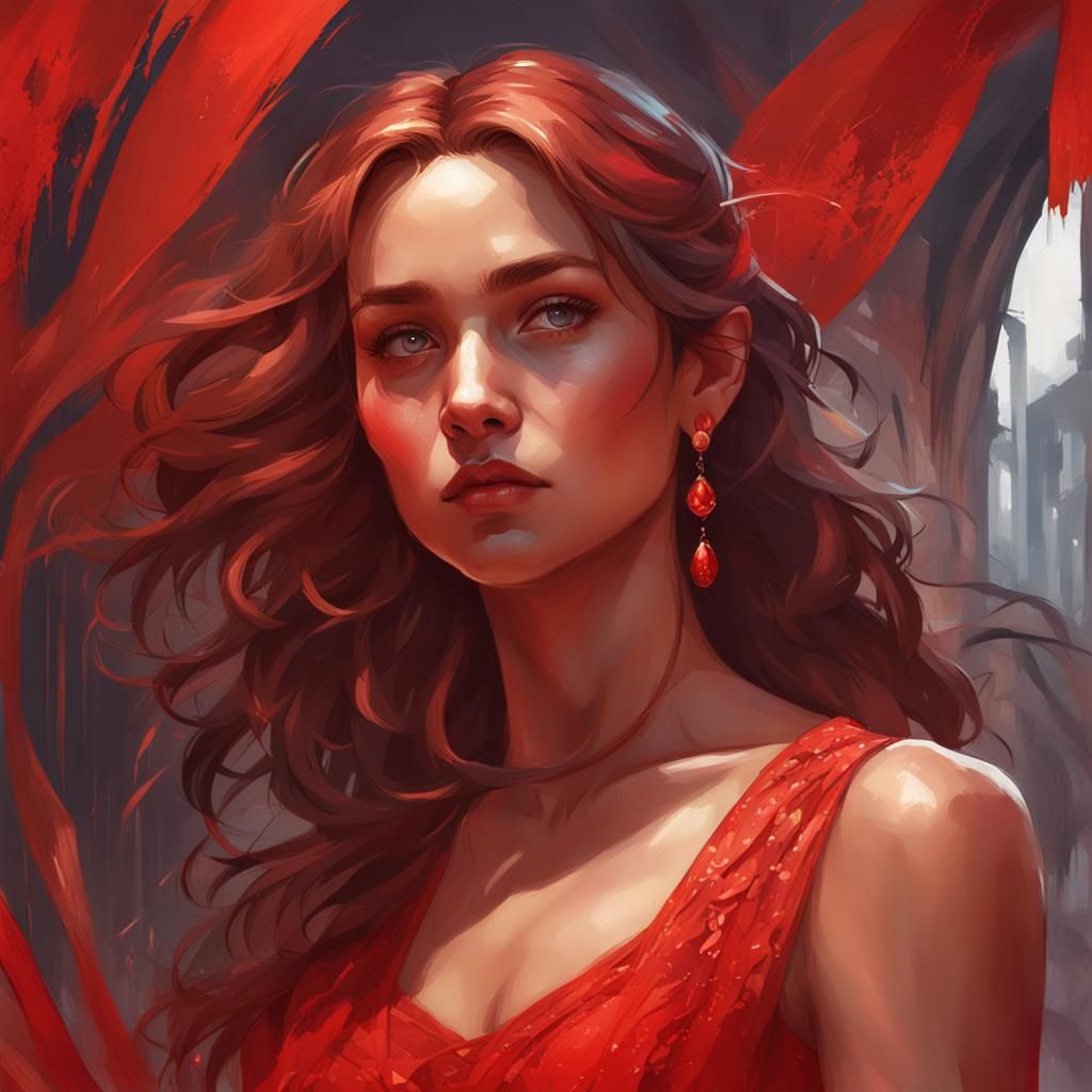 Detailed Portrait of Woman in Red Dress