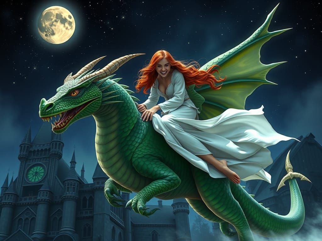 Red-Haired Witch Rides Dragon Under Moonlight