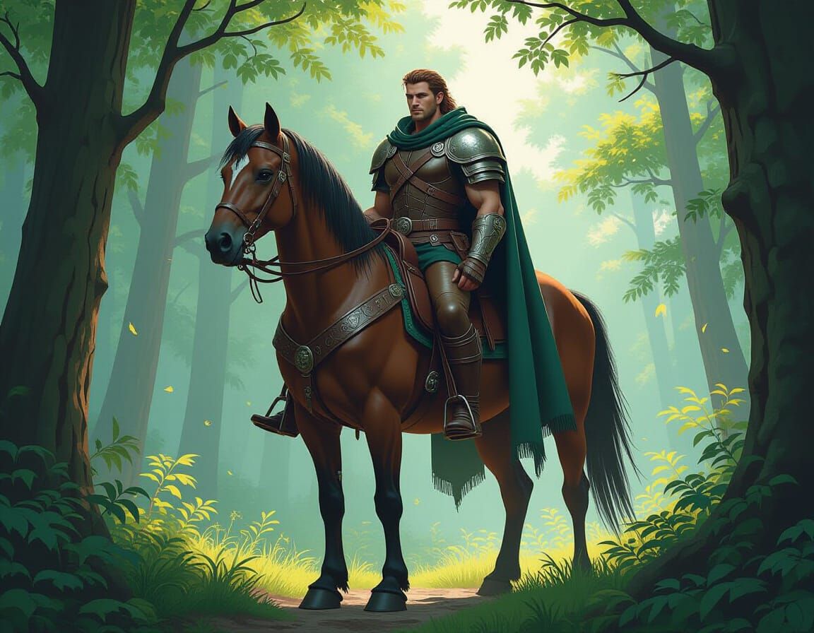 Armored Centaur in Lush Forest, Atmospheric Digital Art
