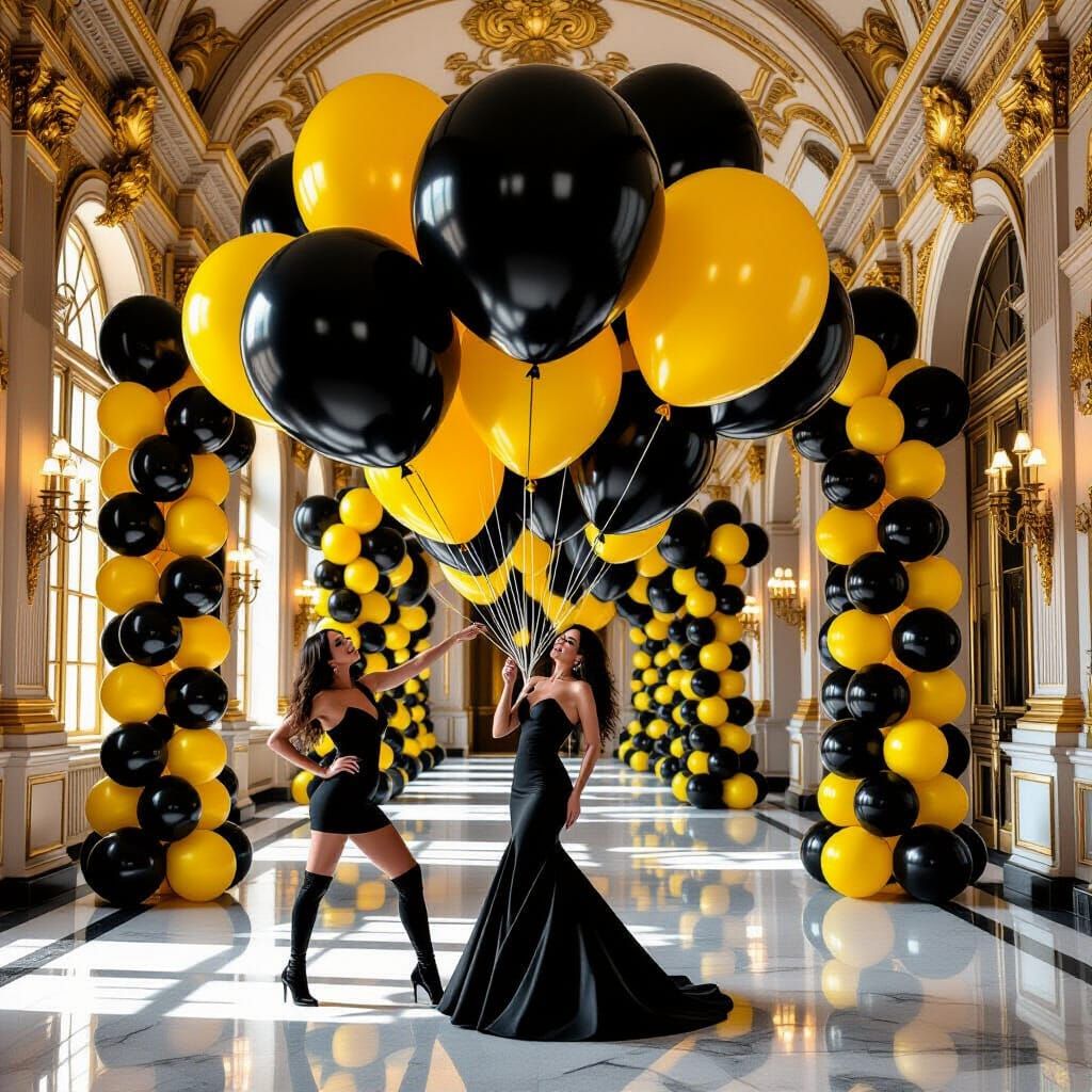 Surreal Birthday Celebration with Black and Yellow Balloons