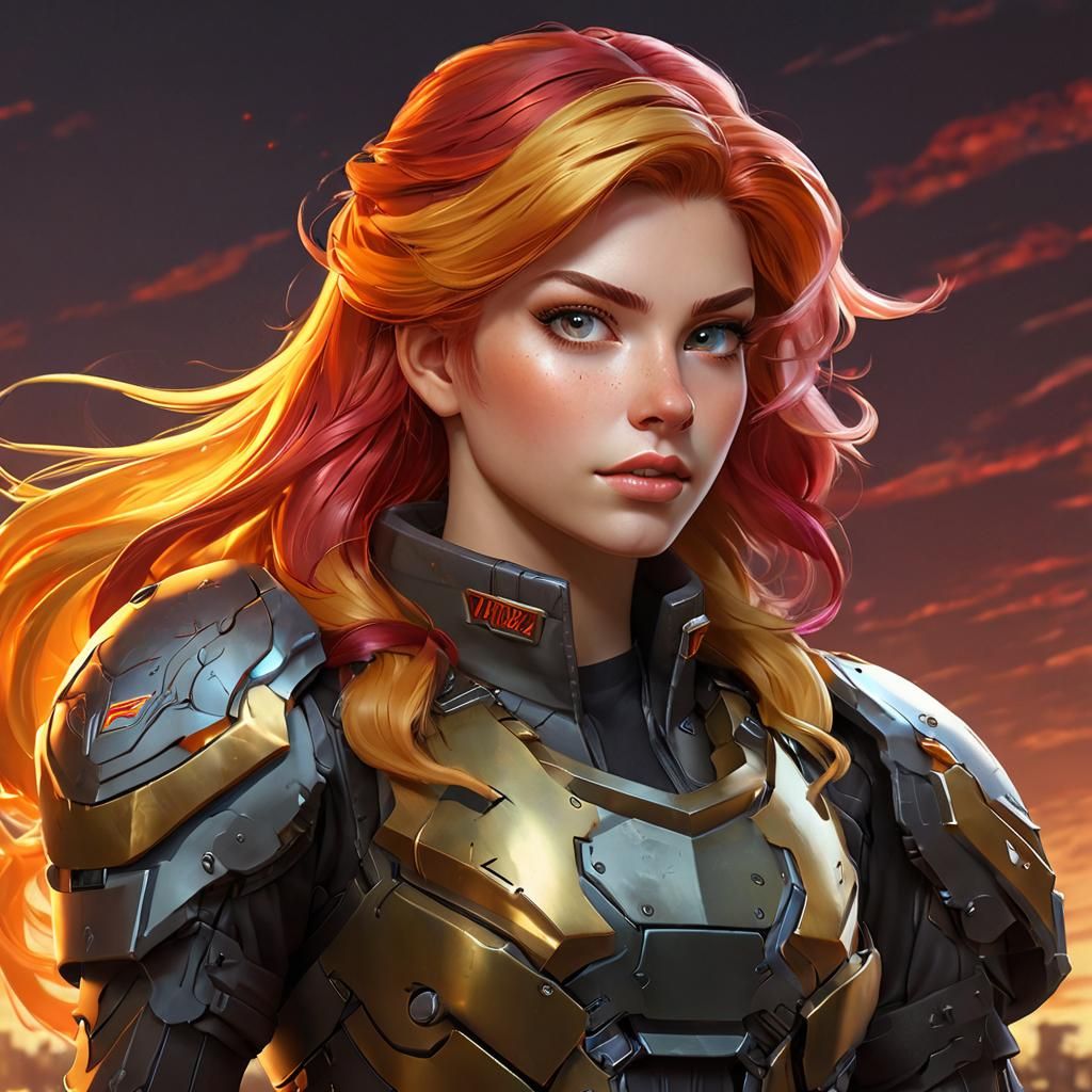 Sunset Shimmer in Military Armor, Hyperdetailed Portrait
