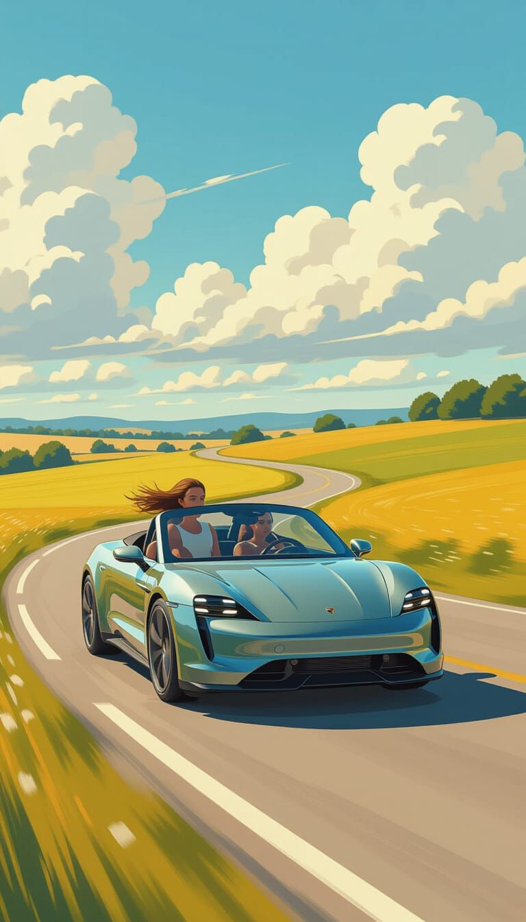 Girl Driving Car in Style of Fantasy Art