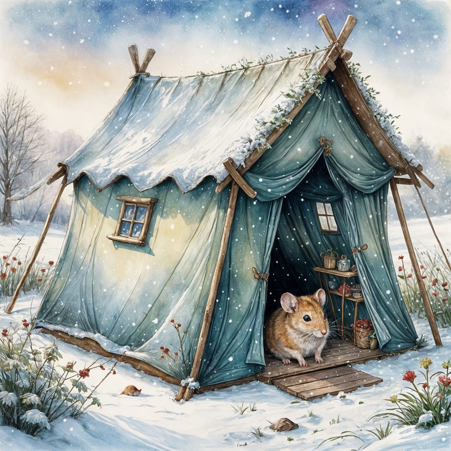 Surreal Winter Scene in Watercolour Style