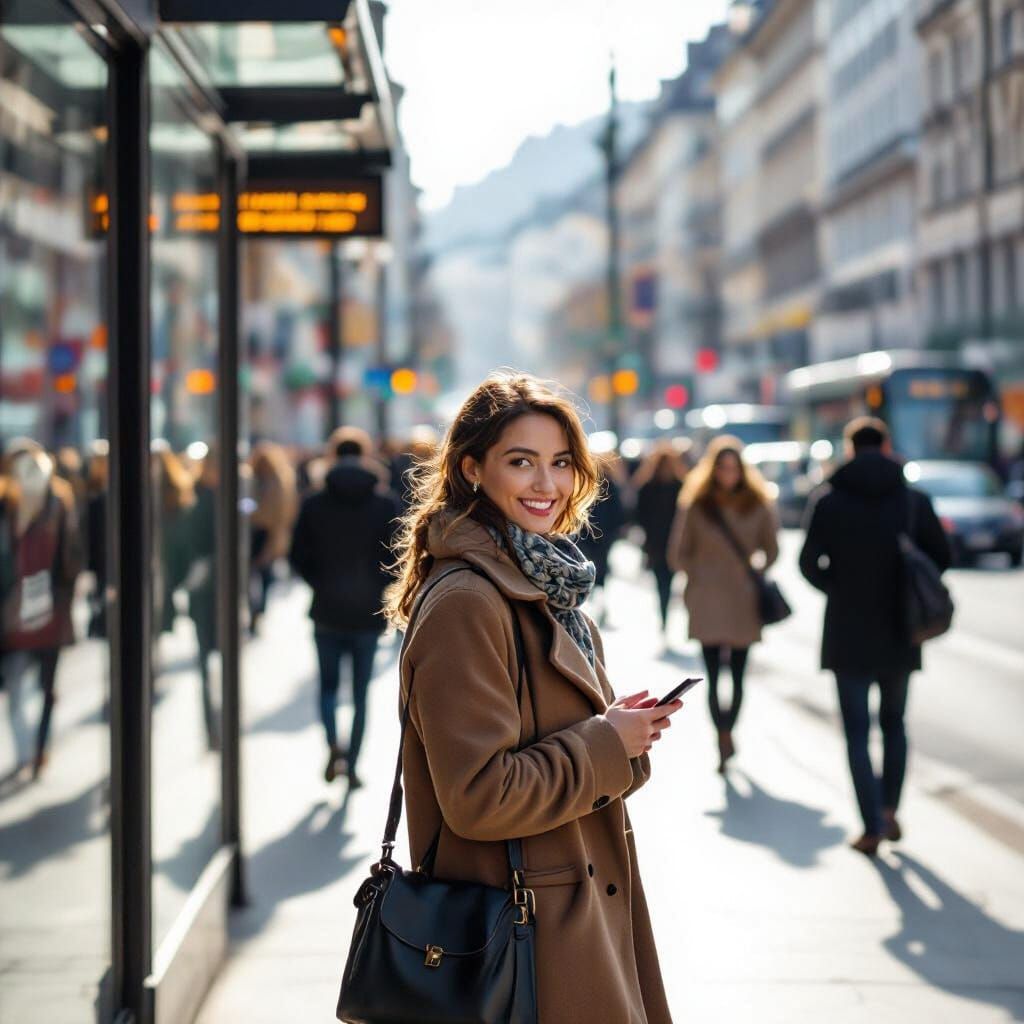 Monochrome Portrait at a City Bus Stop