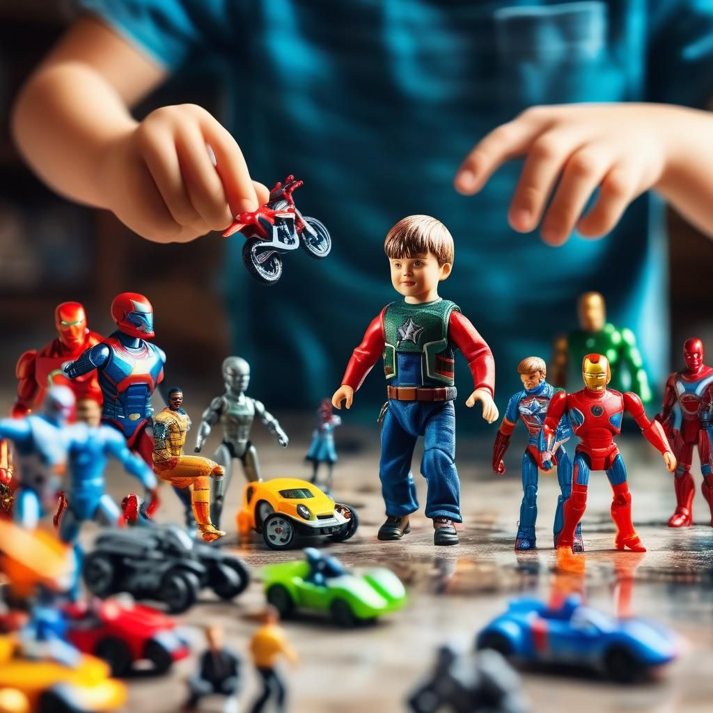 chlid playing with several action figures meticulous motion ...