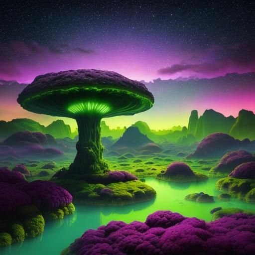 Surreal Alien Cityscape with Bioluminescent Mushrooms