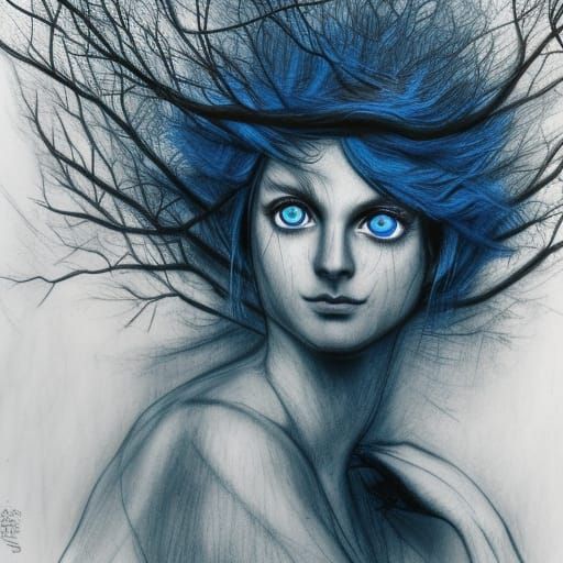 Tree Woman Portrait in Charcoal Drawing Style