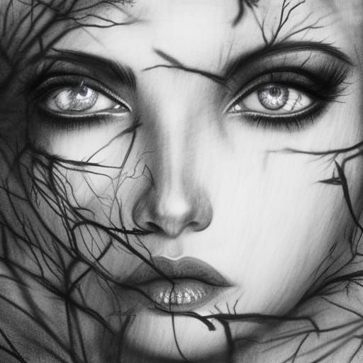 Tree Woman Portrait in Charcoal Drawing Style