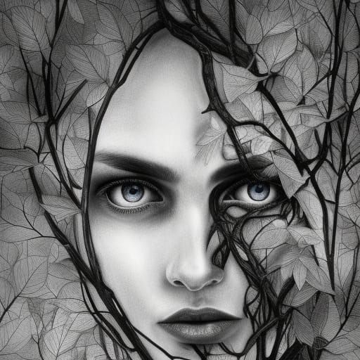 Tree Woman Portrait in Charcoal Drawing Style