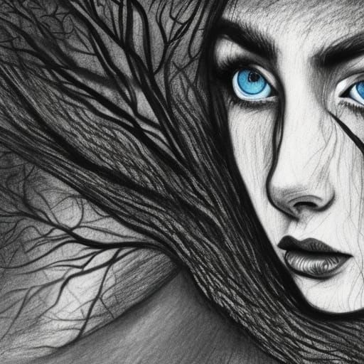 Tree Woman Portrait in Charcoal Drawing Style
